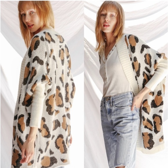 NEW! Cream Tan Brown Leopard Open Cardigan Sweater S L 1X 2X - Picture 3 of 12